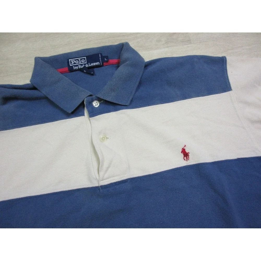 Men's Vintage Polo Ralph Lauren Cut and Sew Striped Polo Shirt‎ (L) Cream & Blue